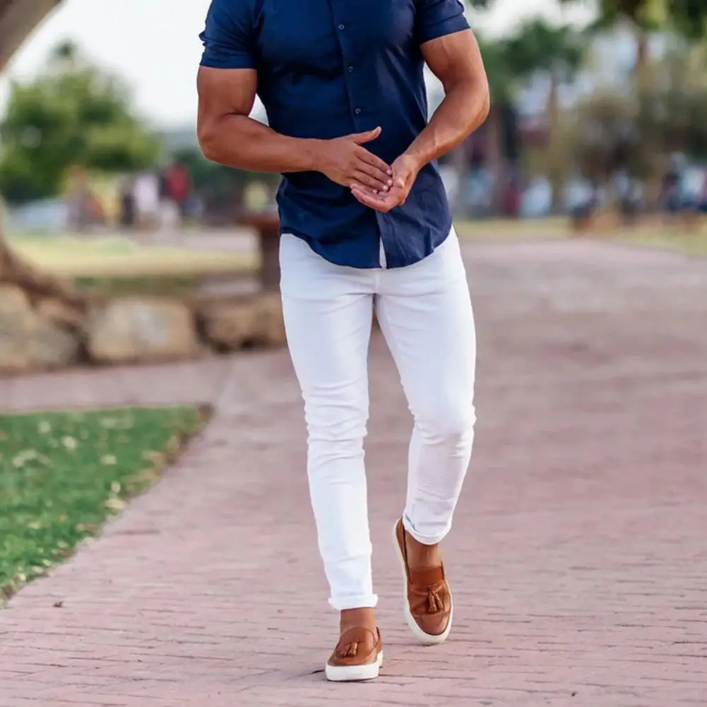 

Men Casual Trousers Breathable Slim Fit Men's Ankle-length Pants for Daily Commuting Soft Mid-waist Trousers with Button Zipper