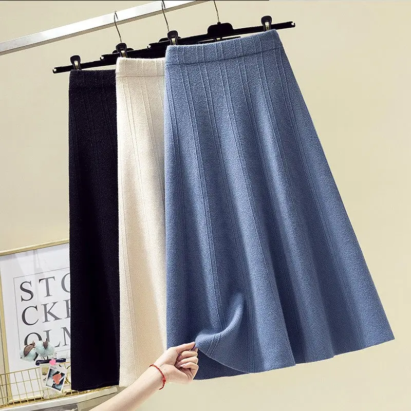 

Women Autumn Winter Clothing New Fashion Slim A-Line Elastic Waist Ladies Loose Knitting Warmth Elegant Mid-length Solid Skirt