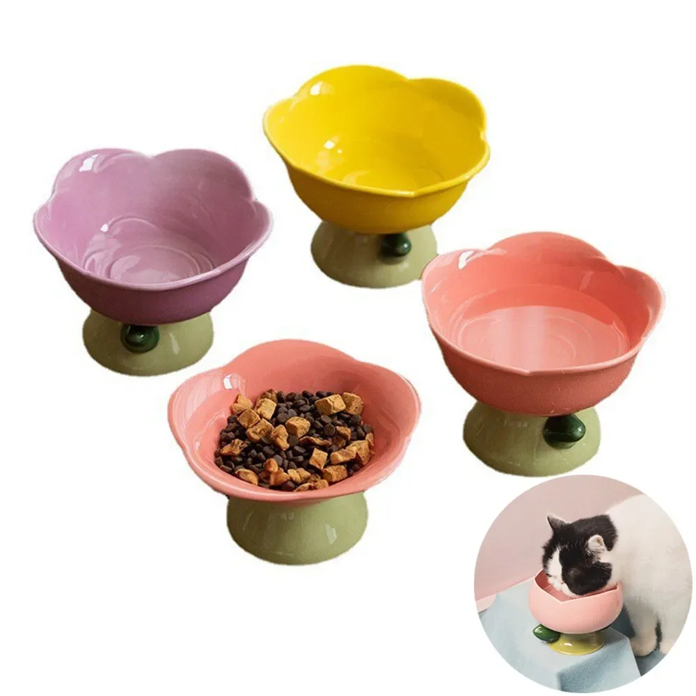 

Cute Ceramic Cat Bowl Non-slip Flower Shape New High Foot Dogs Puppy Feeder Feeding Food Water Elevated Raised Dish Pet Supplies