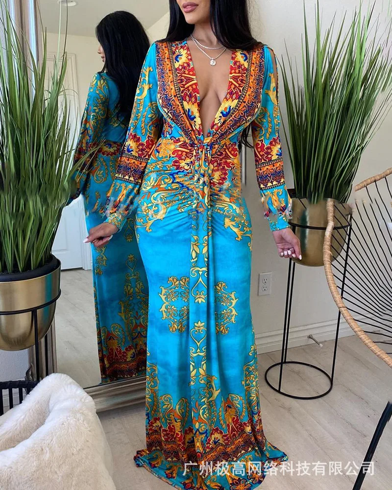 

Baroque Print Ruched Knotted Maxi Dress Women Long Loose High Waist Spring Summer V Neck Sexy Floral Flower Dress Floor Length