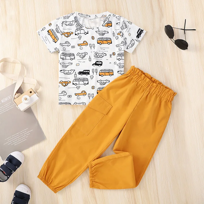 

2022 New Summer Clothes Sets Short Sleeve O Neck Print Cartoon Yellow Pants Cute 2 Piece Sets Designer Boys Clothes Sets 4-7T