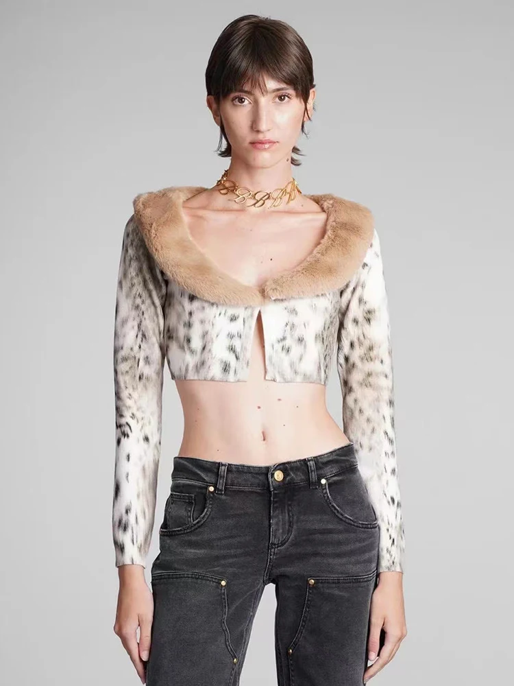 

Designer's retro leopard print contrast fur collar knitted cardigan jacket ladies autumn new fashion Joker sexy short jacket