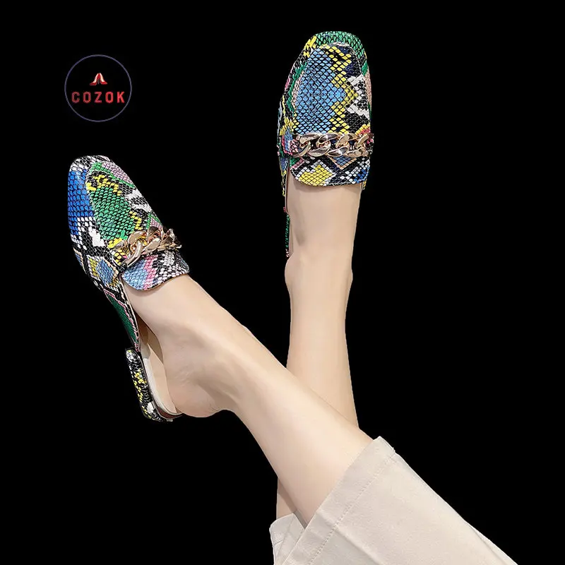 

2022 Fashion Footwear Plus Large Size 43 Summer Slipper New Snake Prints Chain Mules Classic Square Toe Shoes Women Slides