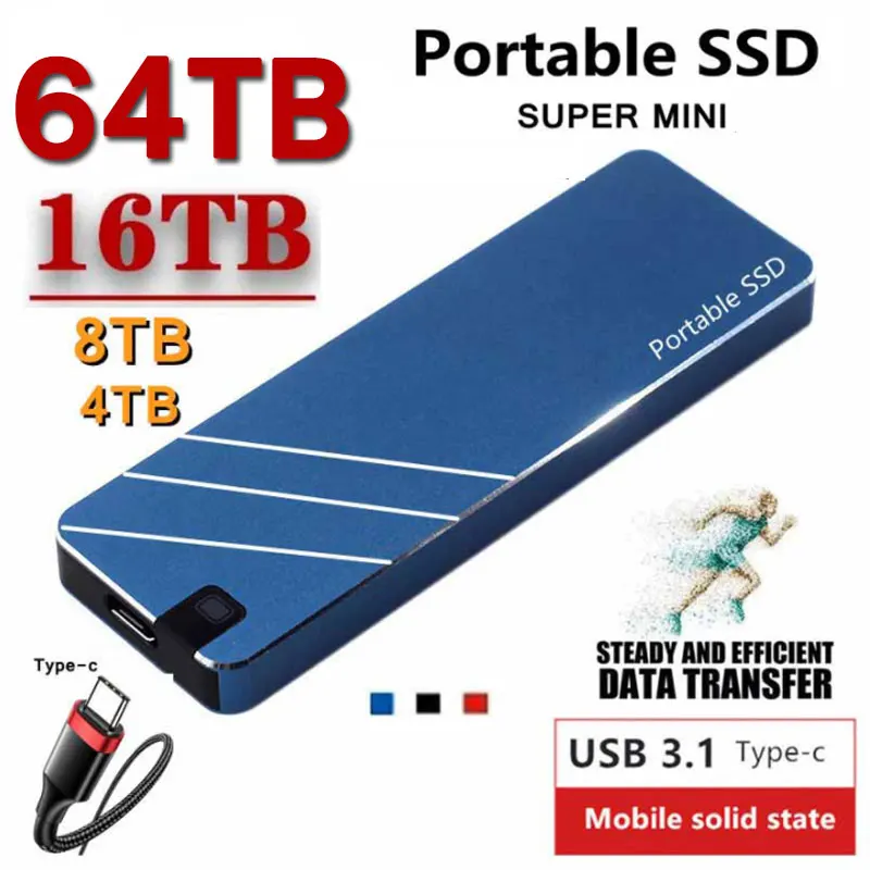 Lenovo 2023 Mini Portable SSD 64TB Type-C USB3.1 External Mobile Solid State Drives High Speed 32TB Disks for Laptops Phones