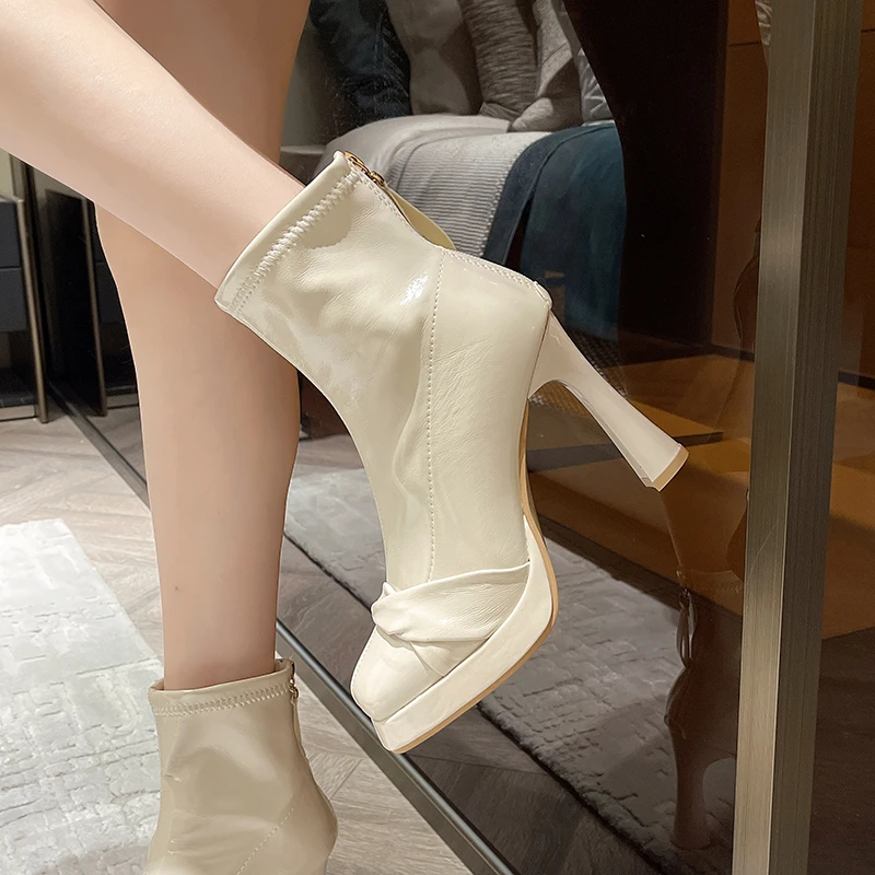 Women's Boots Chunky Platform Shoes Square Zipper High Heels 2023 Fashion New Black Patent Leather Motorcycle Boots for Women