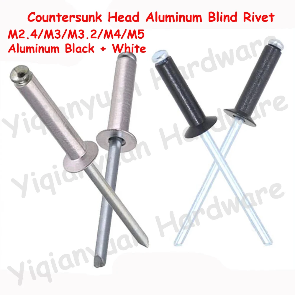 

10Pcs~50Pcs M2.4 M3 M3.2 M4 M5 Black/White Aluminum Countersunk Head Break Mandrel Blind Rivets Pull Nail Pop Open End Rivets