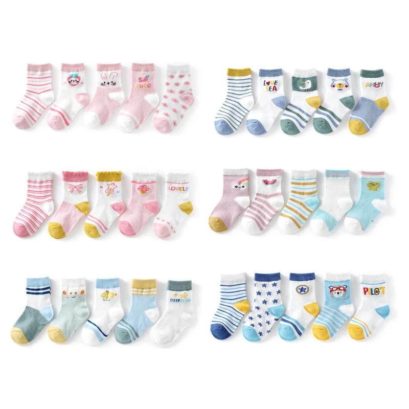 

Baby Fashion Breathable Socks 5 Pairs Summer Absorb Sweat Mesh Cotton Socks for Baby Infant Toddler 1 to 3 Years Old 85DE