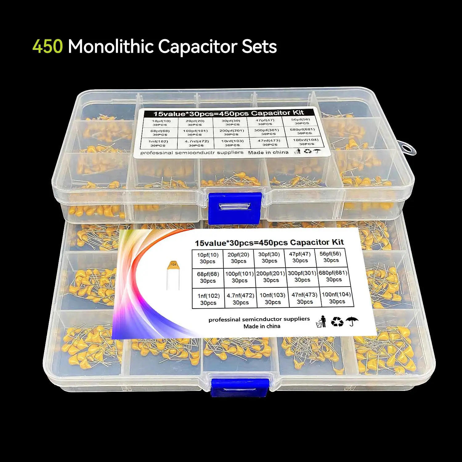 

New 15 Kinds of 10pf-100nf Each 30, a Total of 450 Commonly Used Plugins 5.8mm 50V Monolite Capacitor set