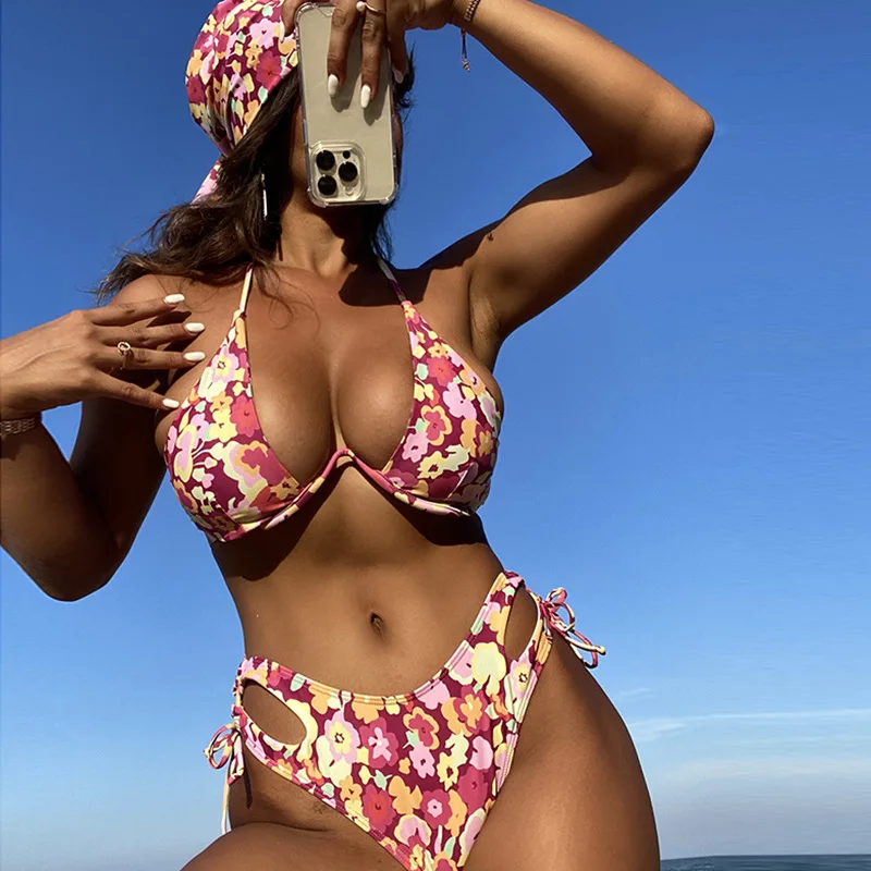 

Лето 2023 микро-бикини женский купальник из двух частей бразильский на шнуровке сексуальный небольшой цветочный фигурный костюм-бикини для курорта пляжа