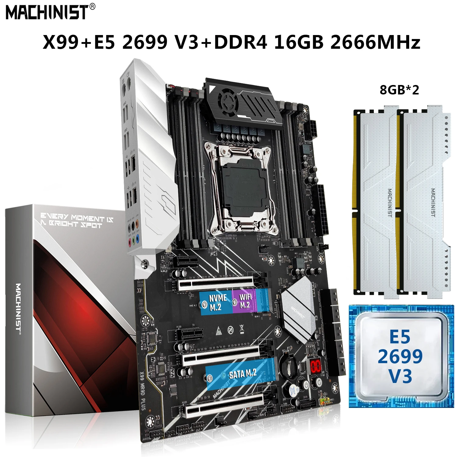 

MACHINIST X99 материнская плата LGA 2011-3 комплект с процессором Xeon E5 2699 V3 16 ГБ = 2x8 ГБ DDR4 2666 МГц память ATX SATA 3,0 SATA M.2 MR9D