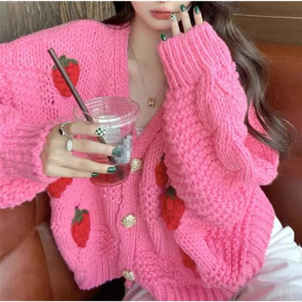 

Strawberry Embroidery Cardigan Women Sweet Cropped Sweaters Gentle Knitted Retro Korean Style Fashion Outwear V-neck Feminine