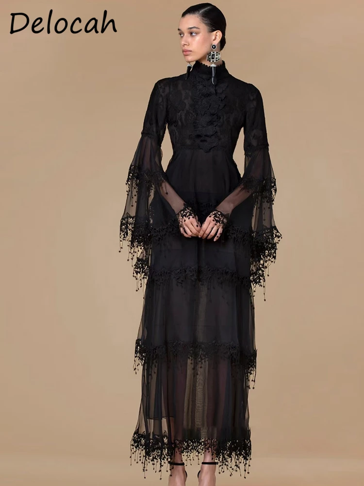 

Delocah High Quality Autumn Women Fashion Runway Long Dress Flare Sleeve Lace Cutout Cascading Ruffles Black Print Cake Dresses