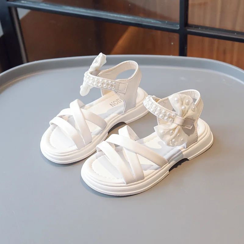 

Girls Sandals Kids Shoes Summer New Student Sweet Pearl Bow Princess Sandals Simple Non-slip Fashion Beach Shoes H732