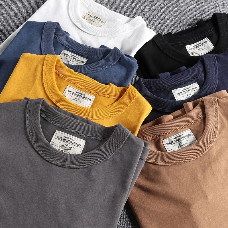 

2115# Summer New American Retro 260g Solid Color T-shirt Men's Simple Short-sleeved O-neck Heavyweight Washed Old Casual Tops