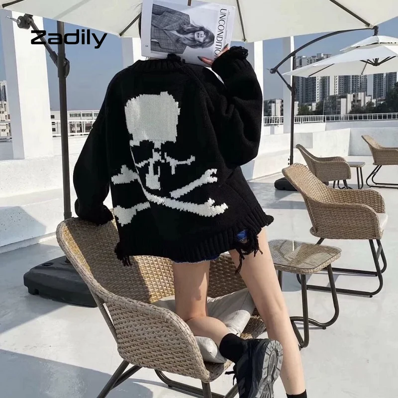 

Winter Streetwear Skulls Black Women's Sweater Gothic Long Sleeve Frayed Knit Ladies Pullover Loose Harajuku Female Tops
