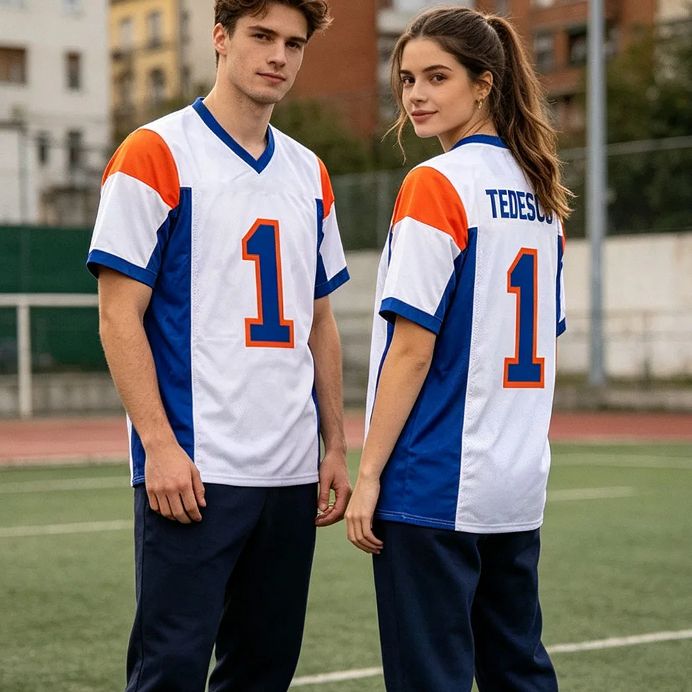 Фото Футболка Tedesco 1 Jersey Blue Mountain State TV Show Football с V-образным вырезом, летняя, свободная, мягкая, повседневная, с принтом, в стиле стритвир №1