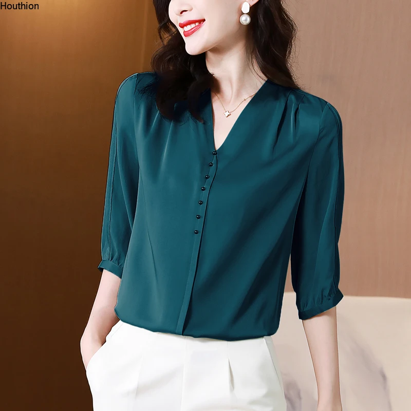 

Satin Women's Blouse Sleeve Top V-neck Summer New Casual Shirt Solid Color Beaded Fashion Elegant Female Clothing