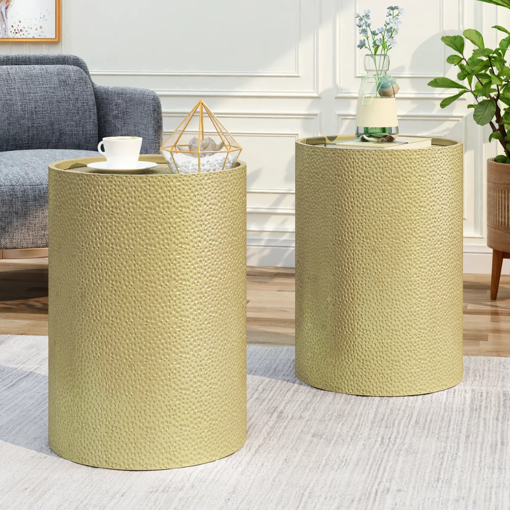 

Noble House Ezequiel Modern Hammered Iron Round Accent Table, 2 Pack, Gold