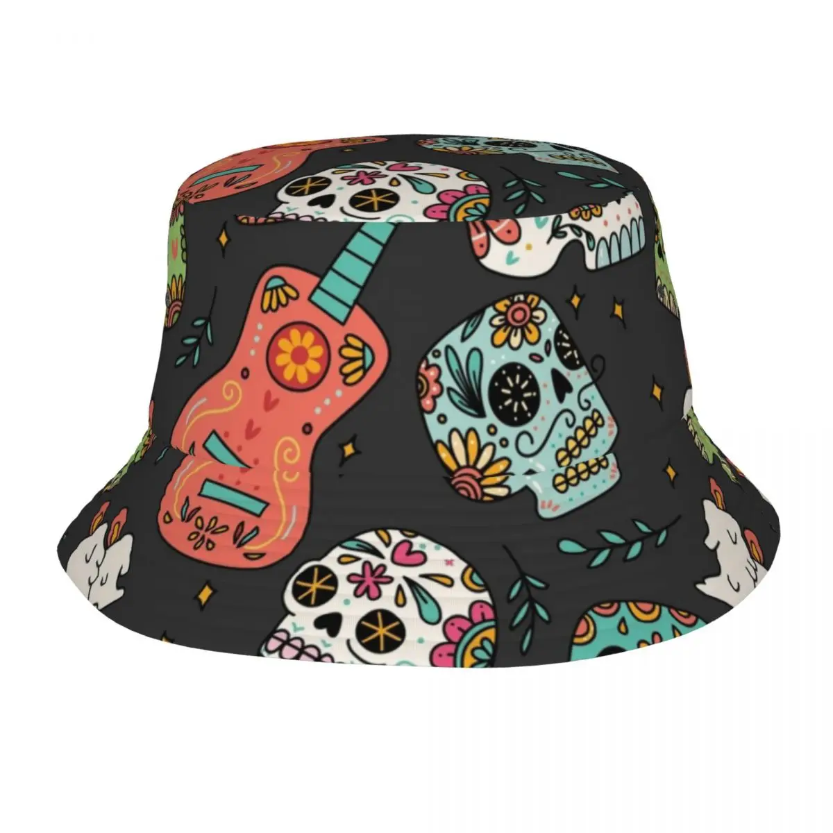

Hallowen Mexican Skulls Guitars Candles Bucket Hat for Unisex Summer Sun Hat Streetwear Packable Hiking Fishing Hat Dropshipping