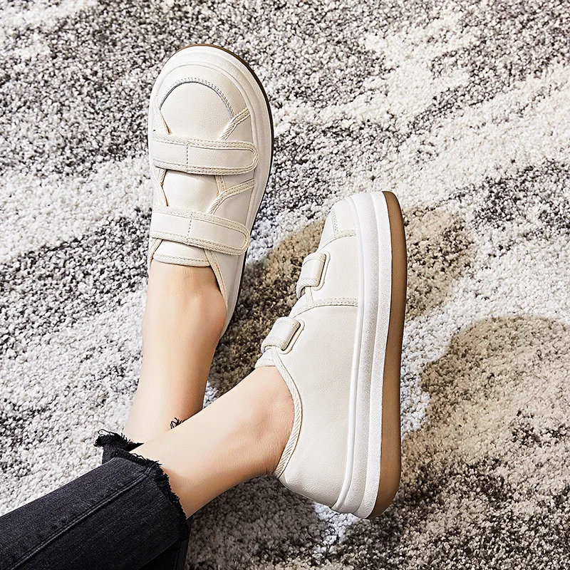 

Velcro Leather Small White Shoes 2022 Thick Bottom Hundred Take Ladies Increase High Big Head Shoes Flat Bottom Board Shoes