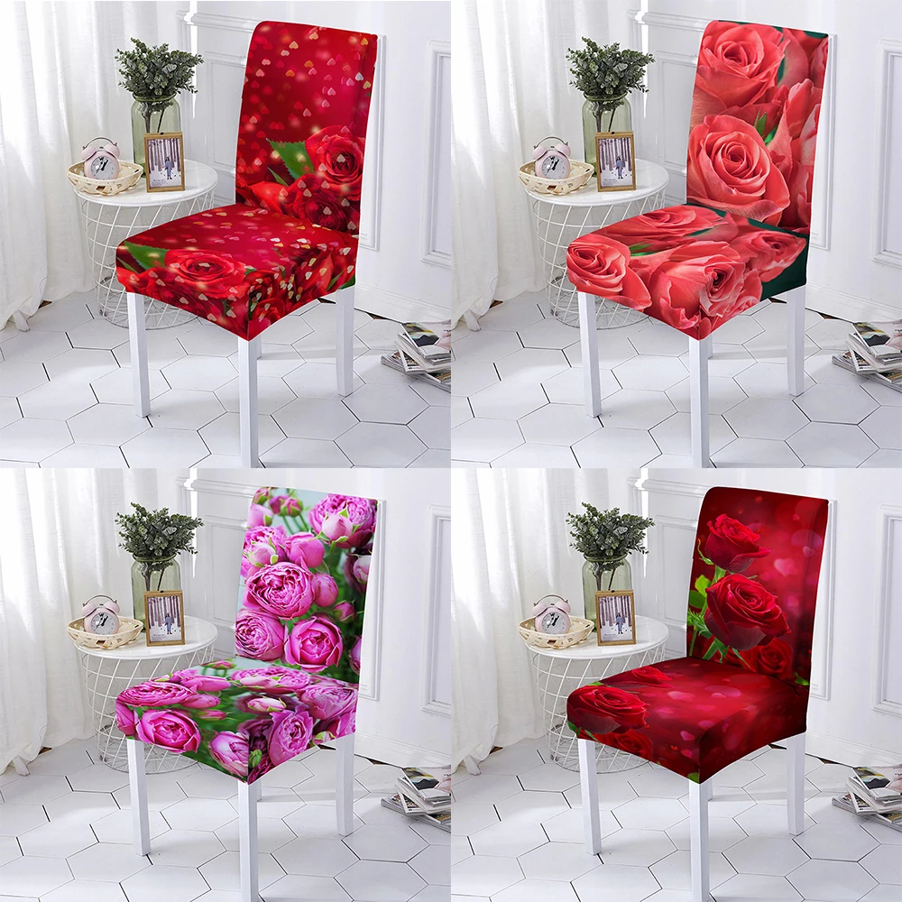 

1pc Red Rose Pattern Chair Cover Elastic Chair Slipcover Removable Washable Seat Case For Living Dining Room Wedding Party Decor