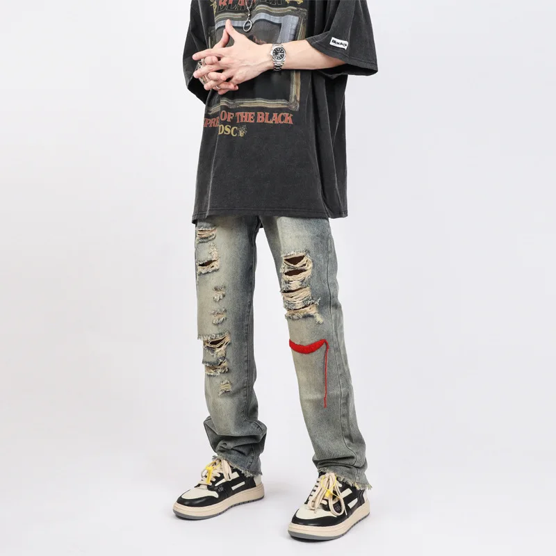 High Street Washing Vintage Streetwear Yellowing Beggars Holes Jeans Straight Fashion Men's and Women's Denim Pants