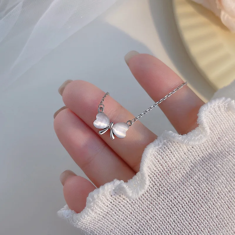 

925 Stamp Silver Color Simple Moonstone Bowknot Pendant Necklace Zircon Romantic Sweet Clavicle Chain Fashion Jewelry for Women