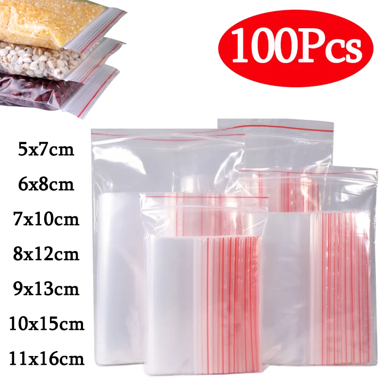 

100Pcs Zip Lock Plastic Bags Reclosable Transparent Bags Clear Packaging Bags Different Size Jewelry Packing Bag Food Package