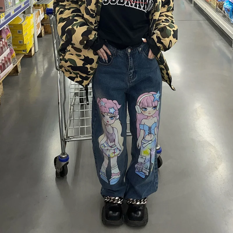 

2023Casual slim-fit pants, Y2k Vintage Cartoon Character Jeans New High Street Hip Hop Dark Blue High Waist Loose Straight Leg P