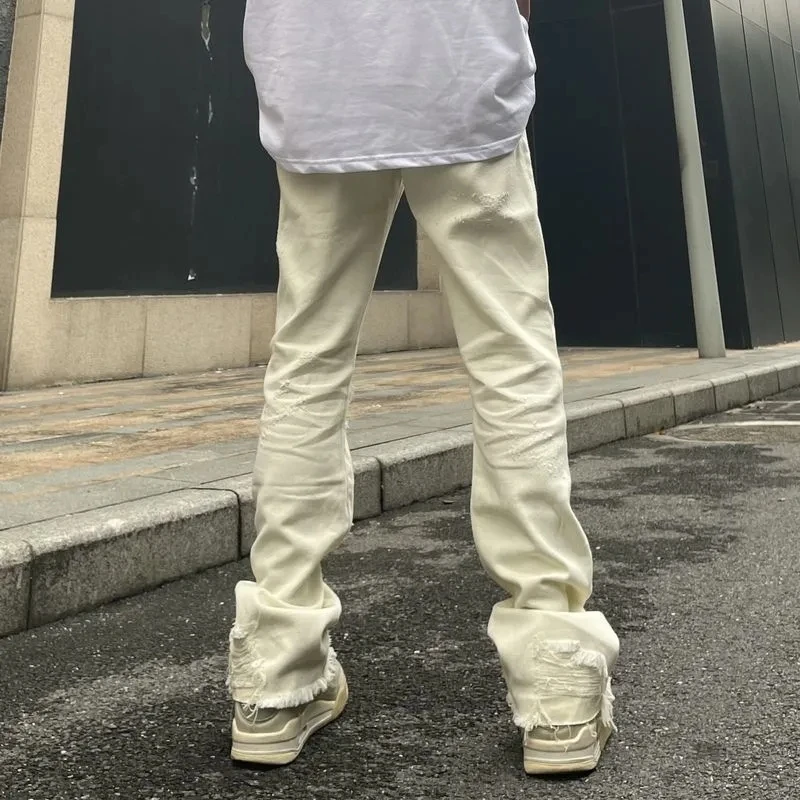 New Hole Ripped Straight Washed Mid Waist Men Jeans Black Beige Patchwork Vintage Slim High Street Denim Trousers