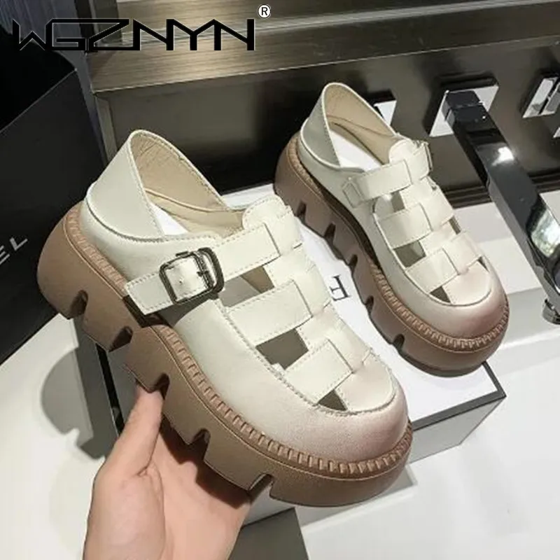 

Женские туфли из натуральной кожи, на толстом высоком каблуке и платформе