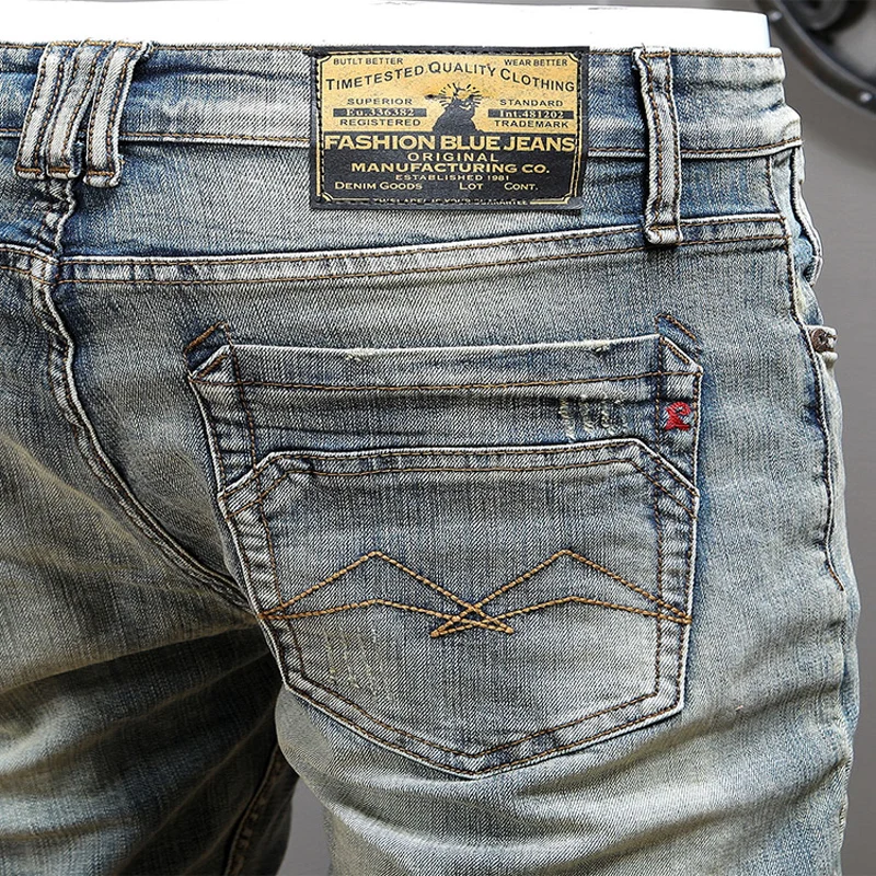 Italian Designer Fashion Men Jeans Stretch Elastic Slim Fit Ripped Jeans Men Vintage Trousers Velvet Winter Warm Pants Hombre