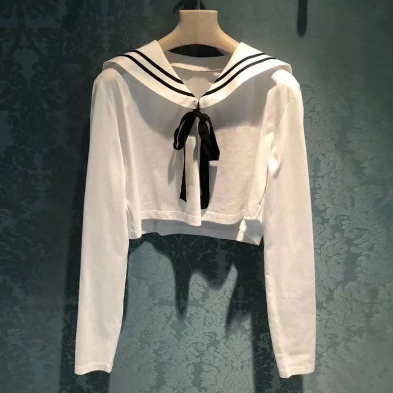 

MIU 2022 Spring and Summer New Short Long-sleeved Cotton T-shirt All-match Detachable Navy Collar T-shirt Women's Top