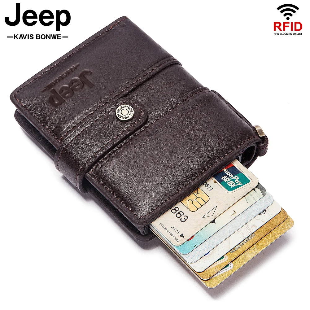

RFID Pop Up Card Holder Wallets Men Genuine Leather Slim Aluminum Bank Cardholder Case Quality Smart Quick Release Wallet Porte
