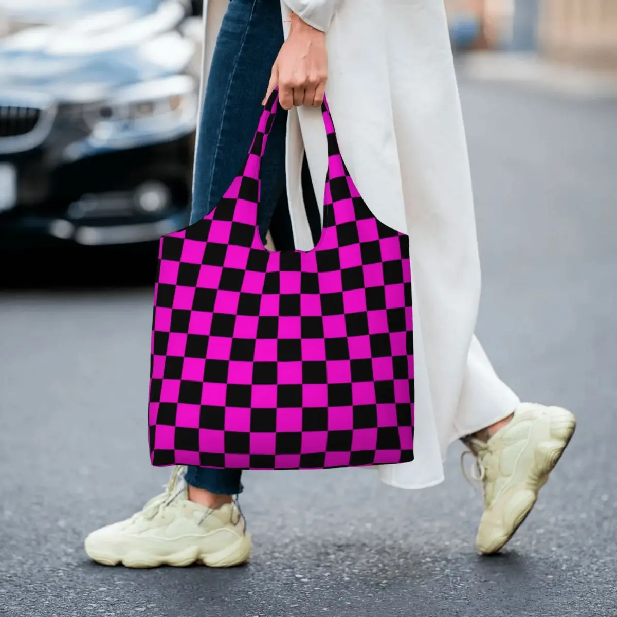 

Pink Black Checkerboard Shopping Bag Missing Texture Gifts Stylish Handbag Polyester Shopping Woman Bags