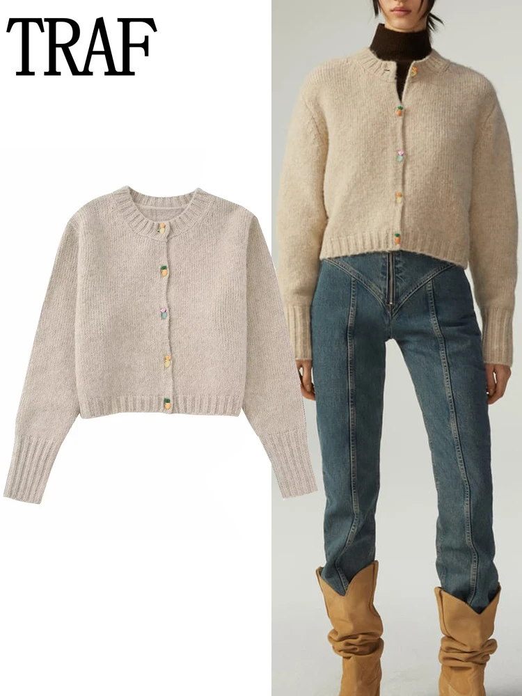 

TRAF Knitted Sweater Cardigan Women Winter 2023 Cropped Sweaters Cardigan Woman Long Sleeve Top Round Neck Crop Knit Cardigans