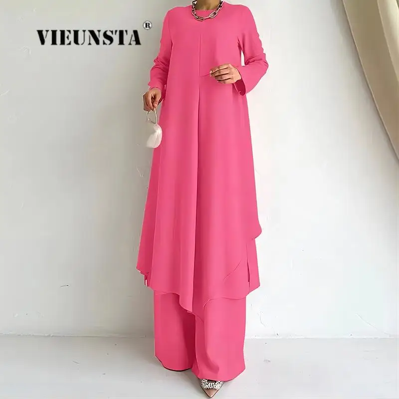 

Women Casual Asymmetrical Patchwork Long Top And Loose Wide Leg Pants Suits Female Spring Pullover Fashion Solid Two Piece Sets