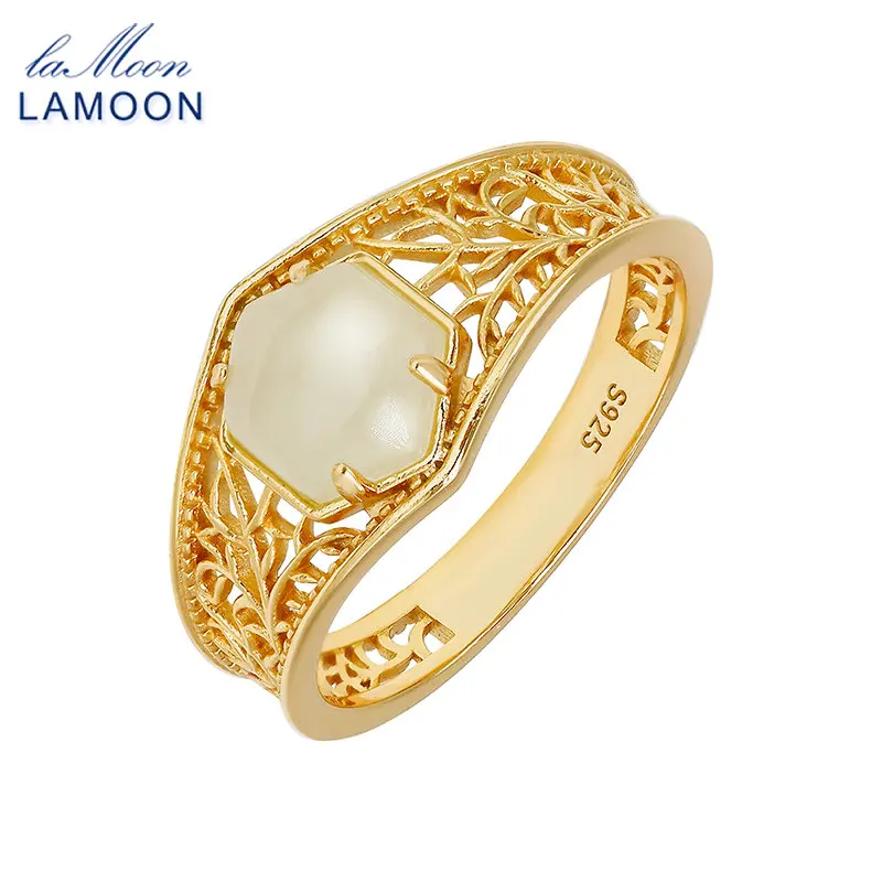 

LAMOON Gemstone Natural Jade Ring For Women Nephrite Vintage Hollow Out Design Bijou 925 Sterling Silver Gold Plated Jewelry