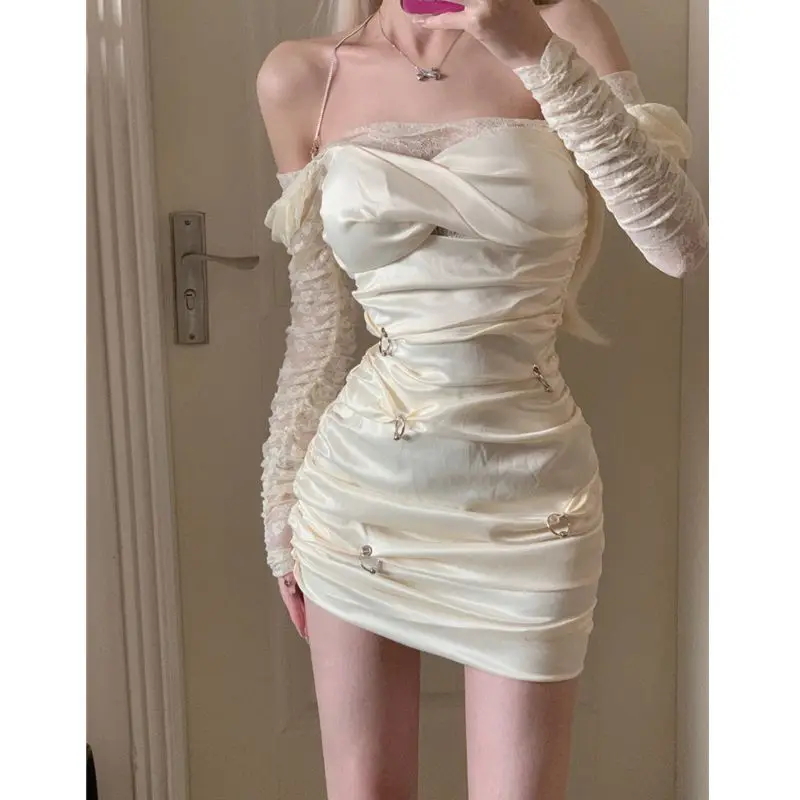 

Hikigawa Summer Y2k Long Sleeve Causal Women Dress All Match Off Shoulder Dresses Sexy Chic Fashion Elegant Vestido De Mujer