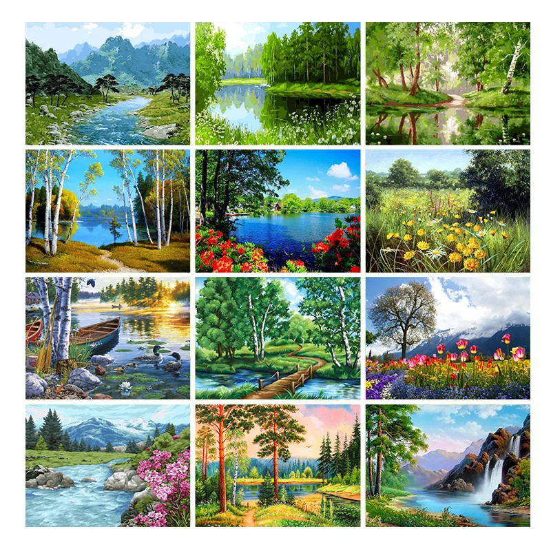 

Green Tree Lake DIY Painting By Numbers Landscape Drawing Acrylic Paint Hand Painted Gift Home Decor Wall Art For Living Room