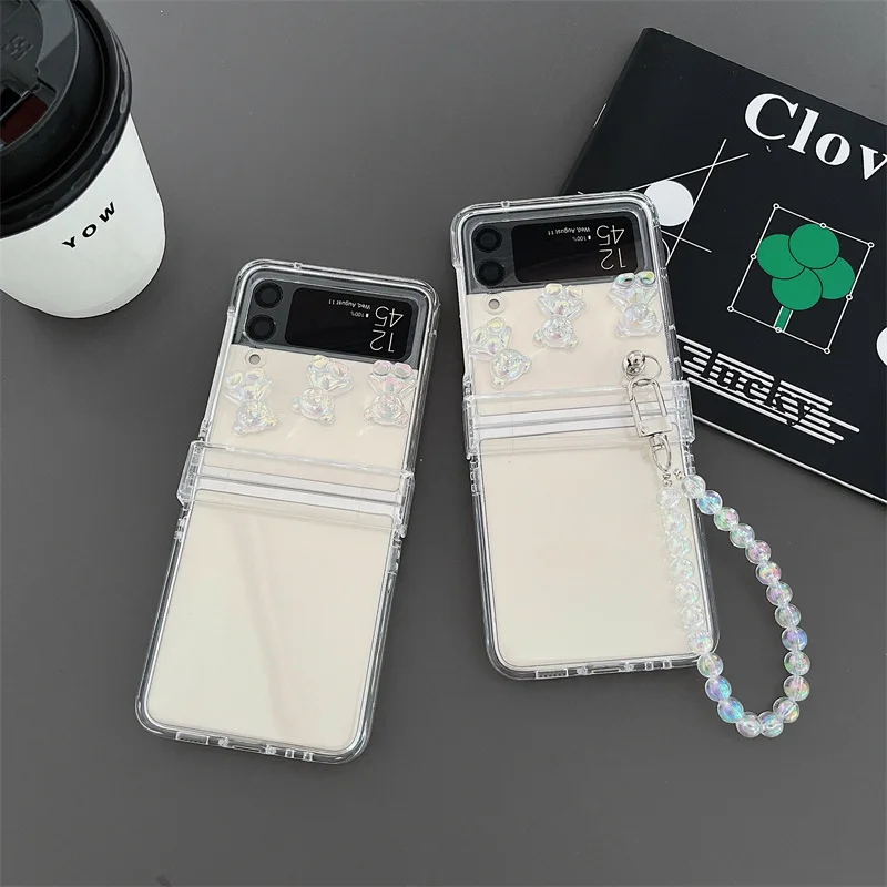 

Simple Transparent Crystal Bear Phone Case for Samsung Galaxy Z Flip 4 3 Hard Cover for ZFlip3 Zflip4 Solid Shell Bracket
