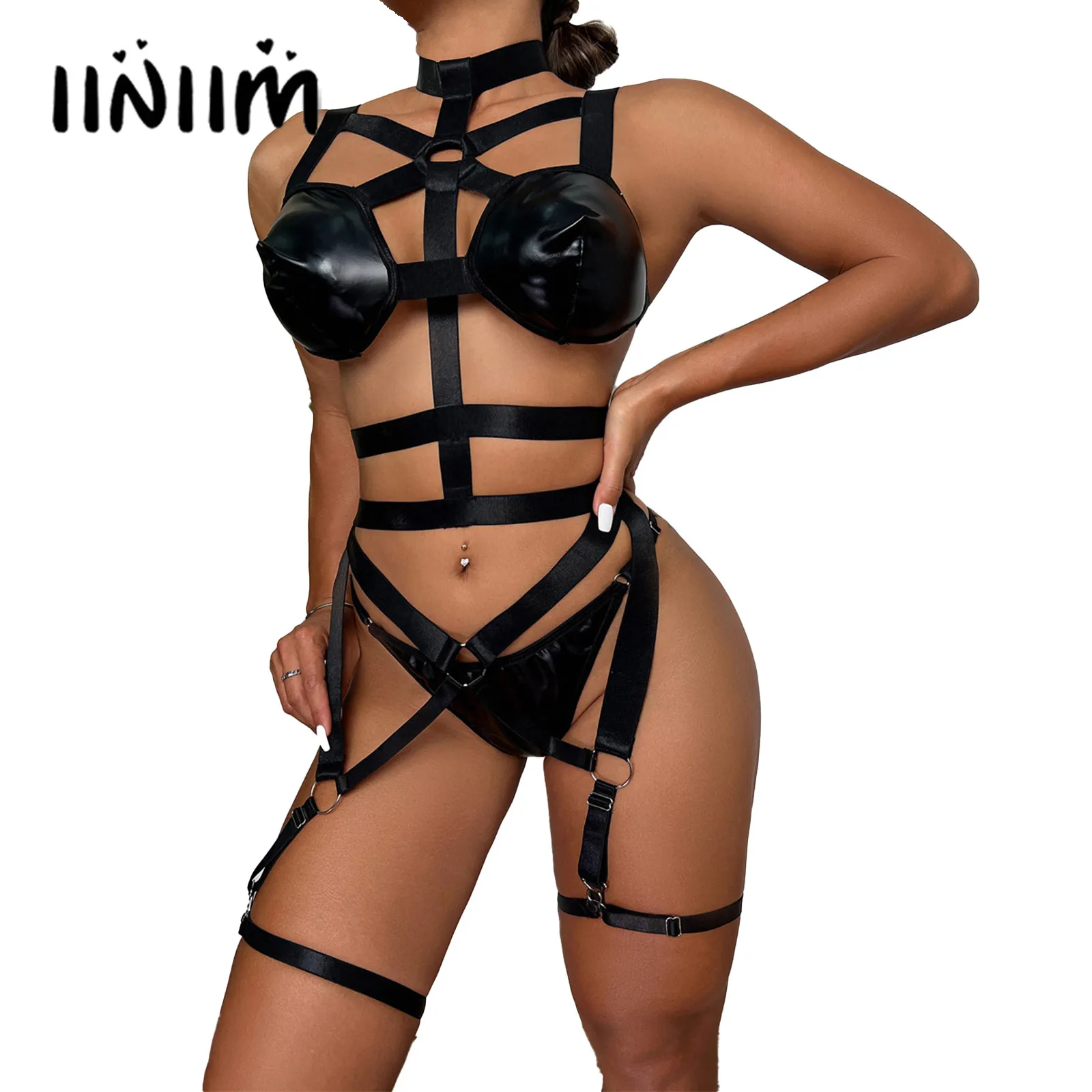 

Womens Strappy Lingerie Underwear Set Halter Bra Body Chest Waist Harness Belt with Thongs Rave Party Clubwear for Pole Dancing