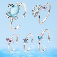 wostu 925 sterling silver ocean series crab seahorse fish open rings for women multi color zircon adjustable ring party jewelry