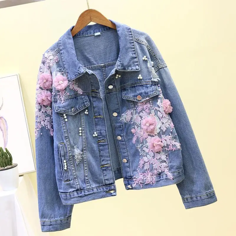 

2022 Autumn Women Denim Jacket Embroidery Three-dimensional Floral Jeans Jacket Beading Pearl Ripped Hole Bomber Outerwear