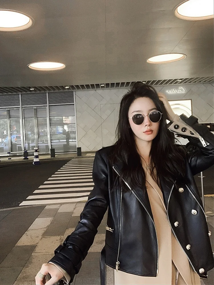 

High grade fried street leather jacket Women's autumn short style Korean loose motorcycle style leather jacket Trendy and cool