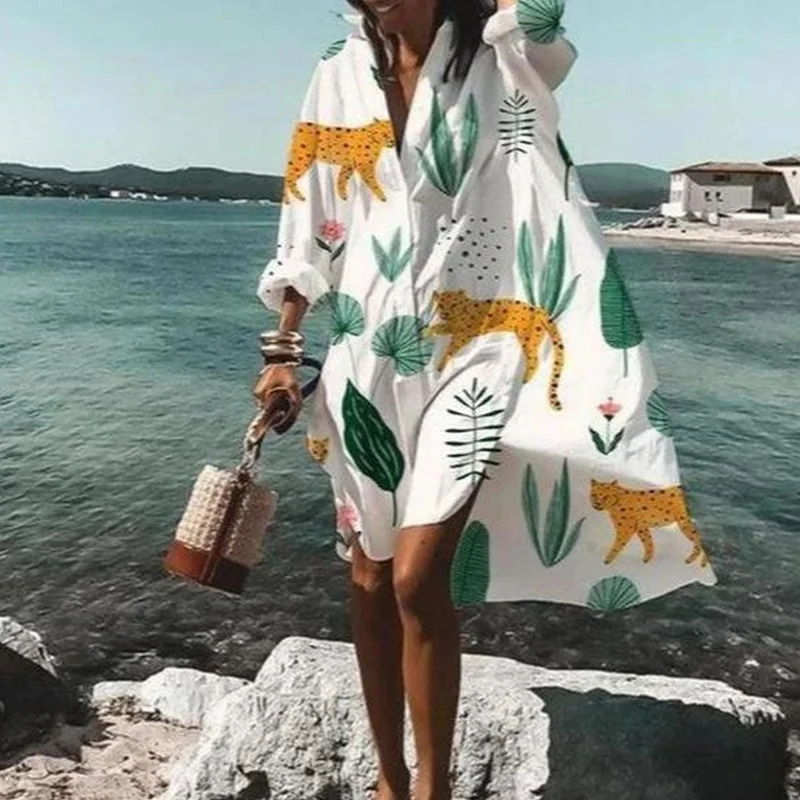 

Summer Fashion Women's New Shirts Dress Casual Loose Printed Lapel Long Sleeve Buttons Irregular Dress Beach Sexy Party Dresses