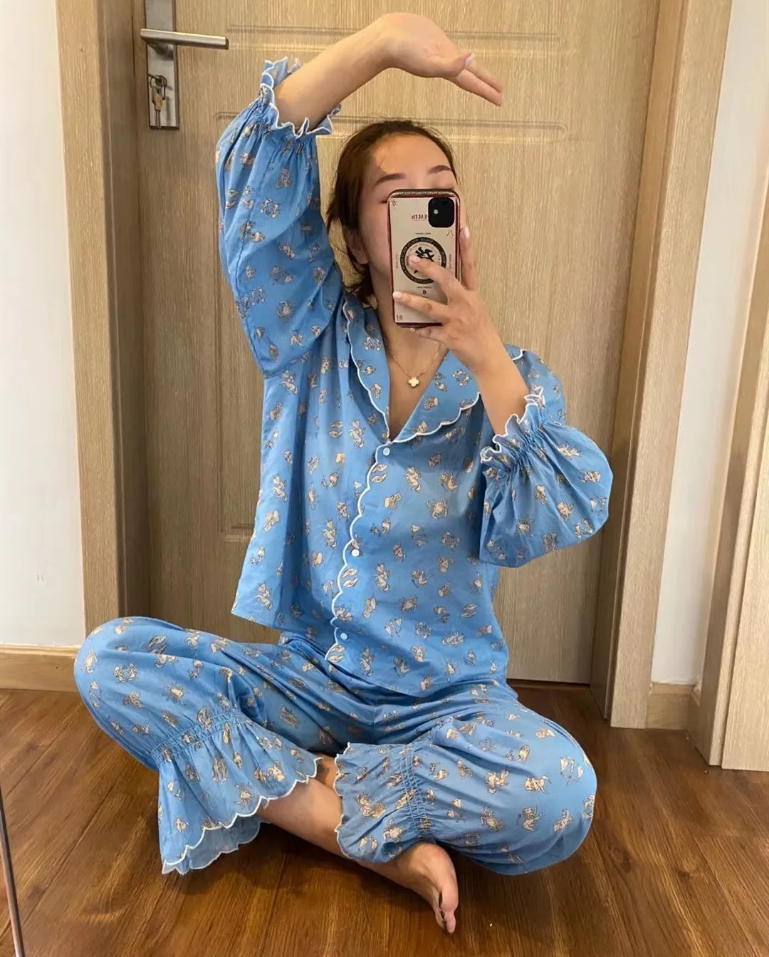 Women Large Embroidery Turn-down Collar Single Breasted Top + Long Pants Pajama Suit