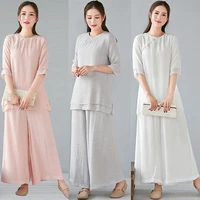 summer tea artist clothing zen women cotton and linen two piece suit retro chinese style buddhist clothes female