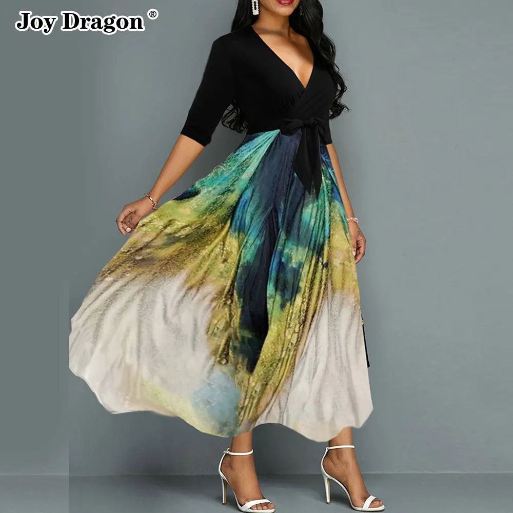 

Women Plus Size Print Evening Vintage Beach Party Dress Casual Bodycon Lac Up Clothing Streetwear Ladies Large Swing Skirt Black
