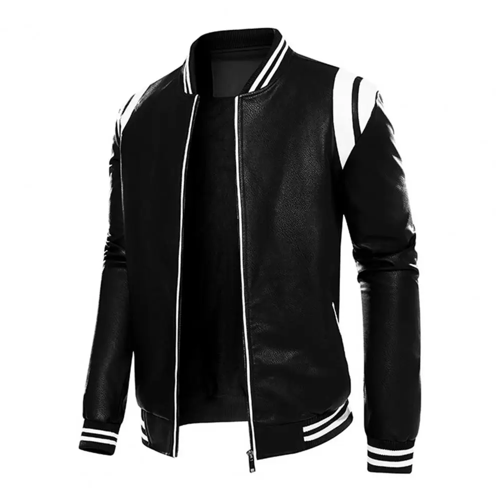 

Men Jacket Long Sleeve Faux Leather Plush Windproof Ribbing Bottom Coat Men Coat for Riding